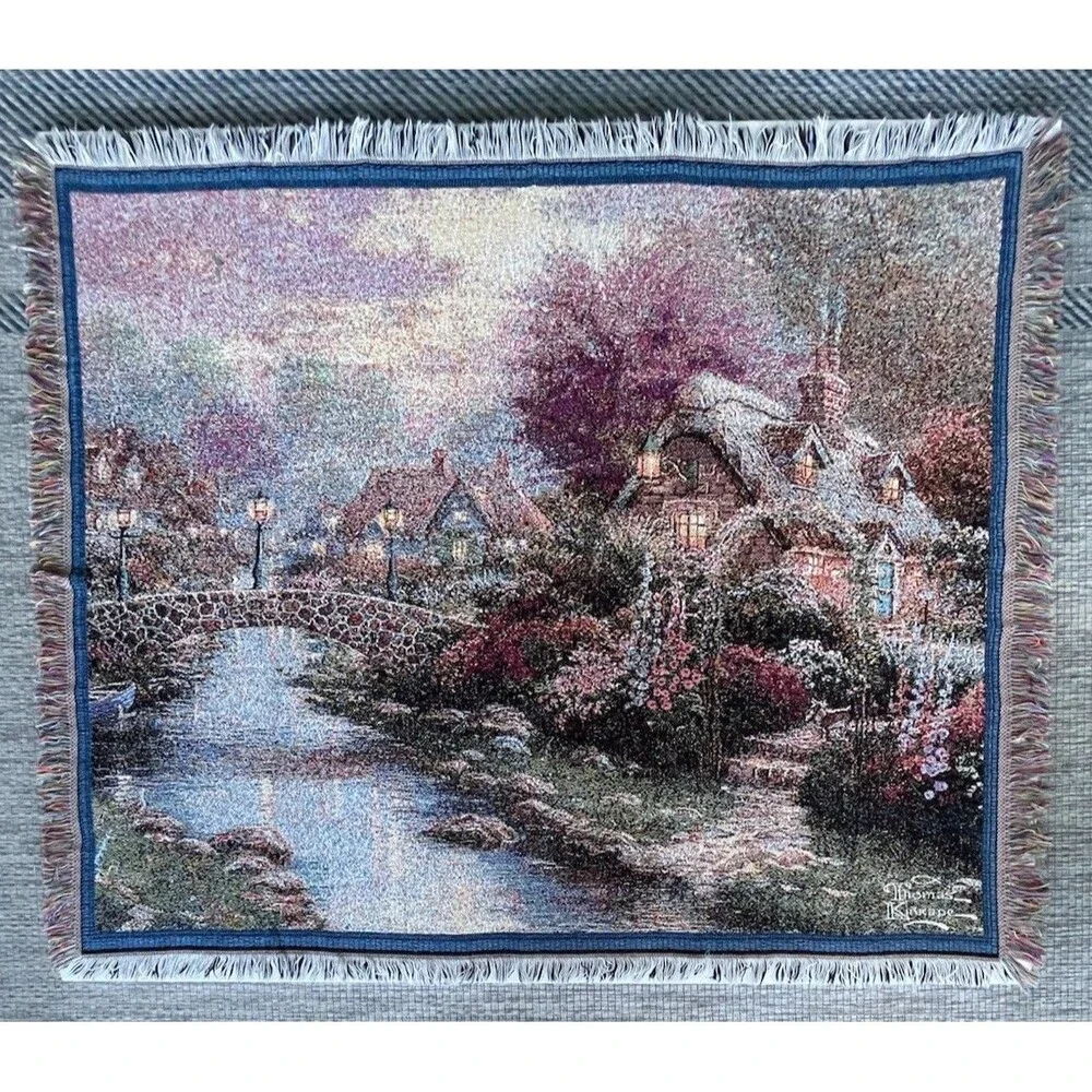 Thomas Kinkade “Lamplight Bridge” Woven Tapestry Blanket - Cozy CottageCore